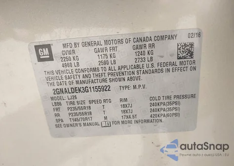 2016 Chevrolet Equinox Ltz from USA, damaged, VIN 2GNALDEK3G1155922